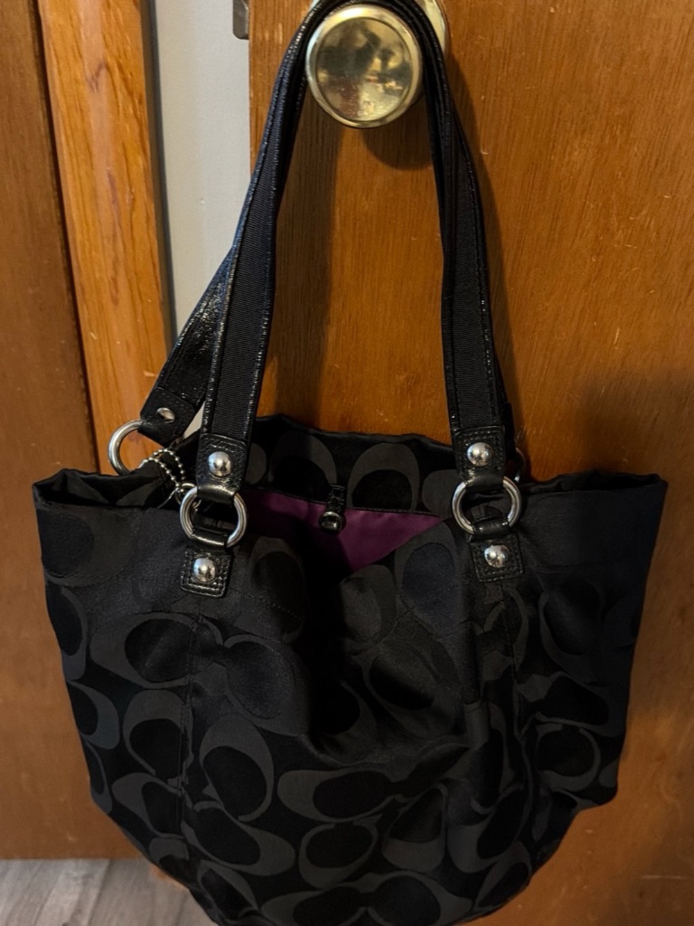Coach Black Signature Tote with Purple Interior